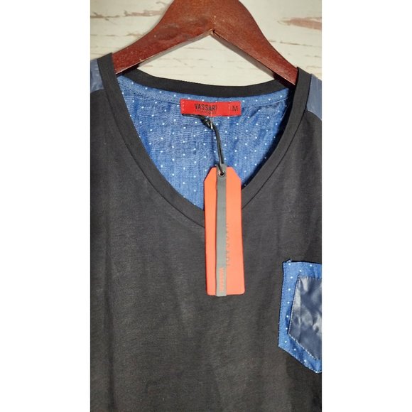 Vassari Los Angeles Men's Med Black V-Neck Designer Shirt Rare Blue Faux Leather - Picture 5 of 15